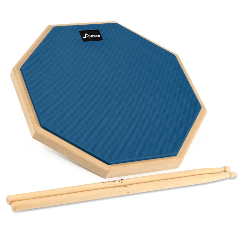 Donner 8 Inches Blue Drum Practice Pad With 1 Pair Maple Wood Drum Sticks