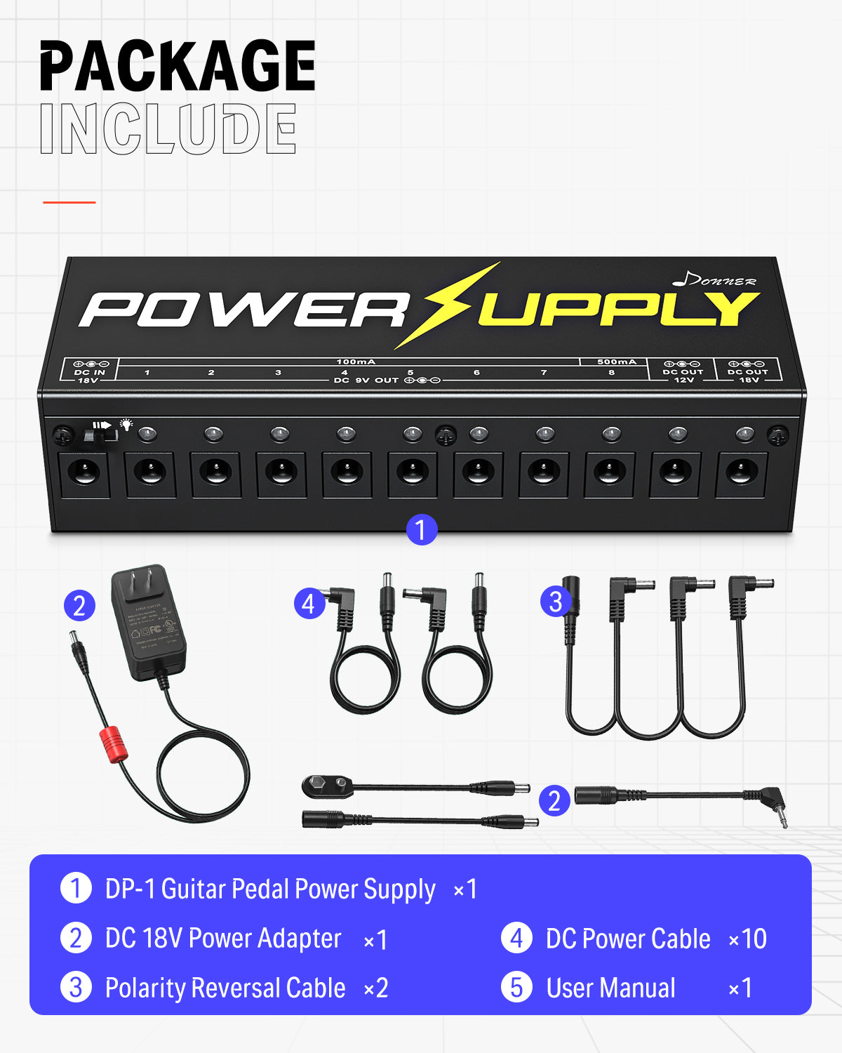 Donner DP-1 Guitar Pedal Power Supply 10 Isolated DC Output for 9V/12V/18V Effect Pedal