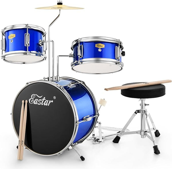 Eastar EDS-180BE  14 inch 3-Piece Kids/Junior Drum Set with Throne, Cymbal, Pedal & Drumsticks,Mirror Blue