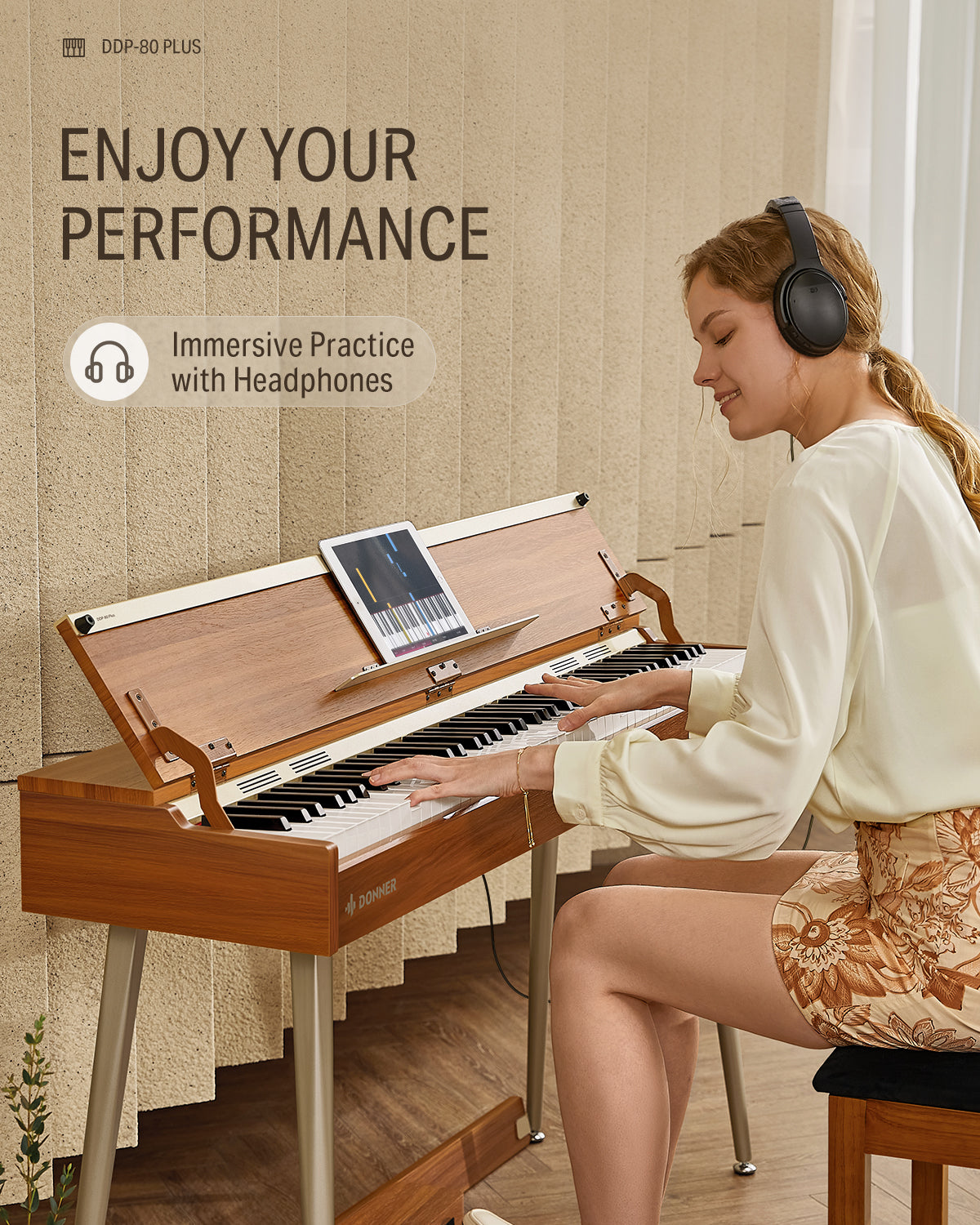 Donner DDP-80 PLUS 88 Key Weighted Wooden Upright Digital Piano with Semi-open Cover
