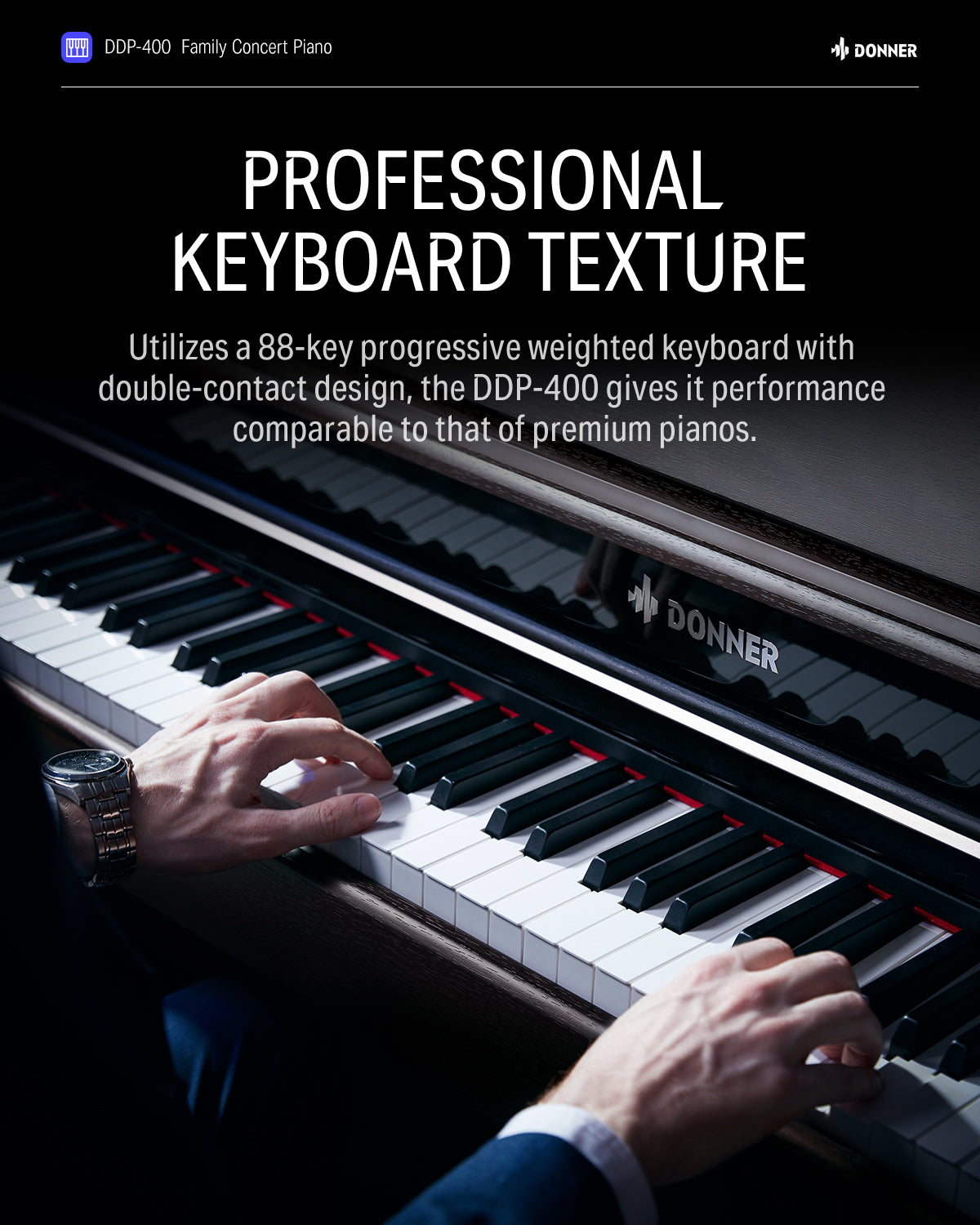 Donner DDP-400 Professional 88-Key Progressive Hammer Action Weighted Upright Digital Piano with Extended Speaker Cabinet-Brown##