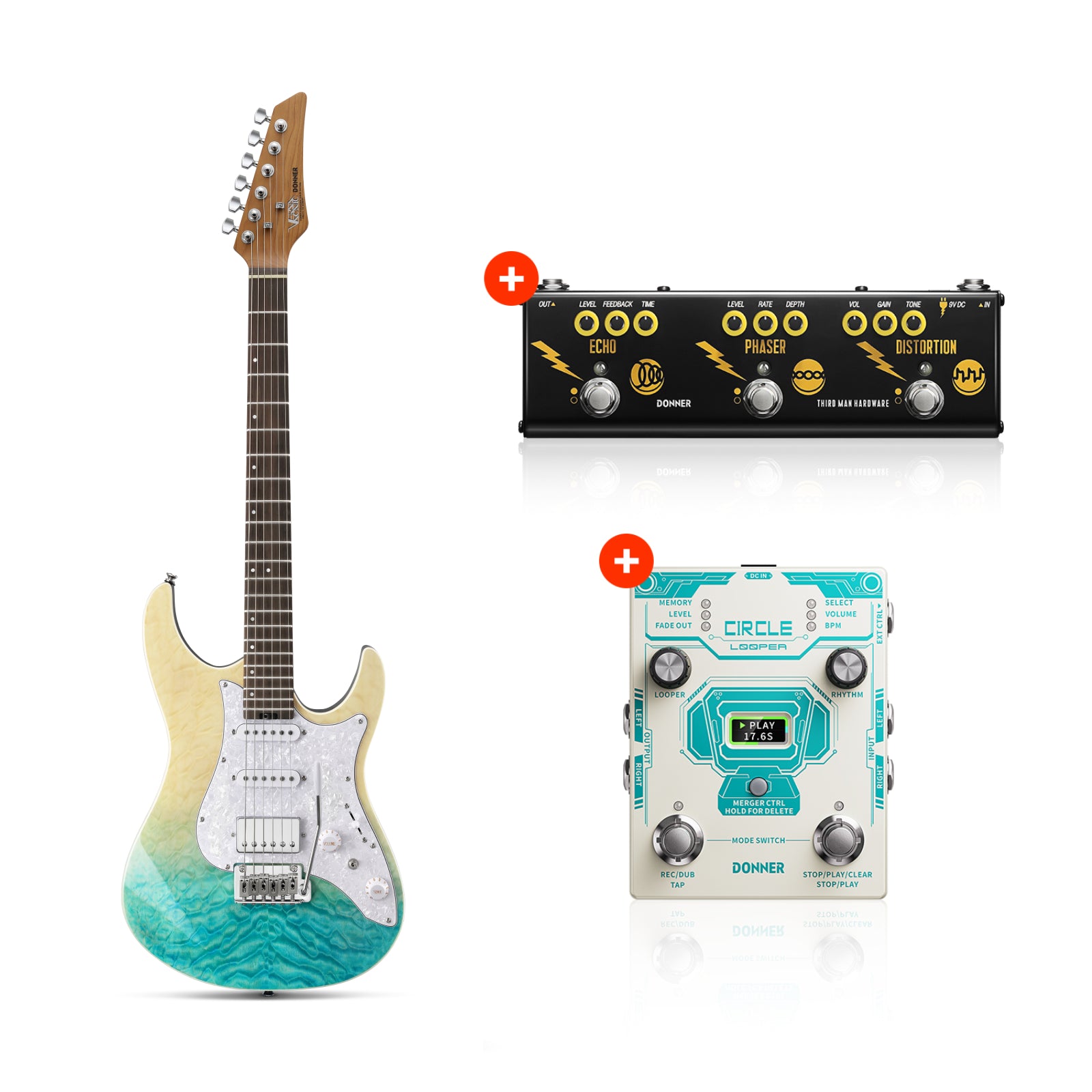 Donner DST-550 39-inch ST Electric Guitar SSH/SSS Pickup-Caribbean Shoreline Gradation LR##