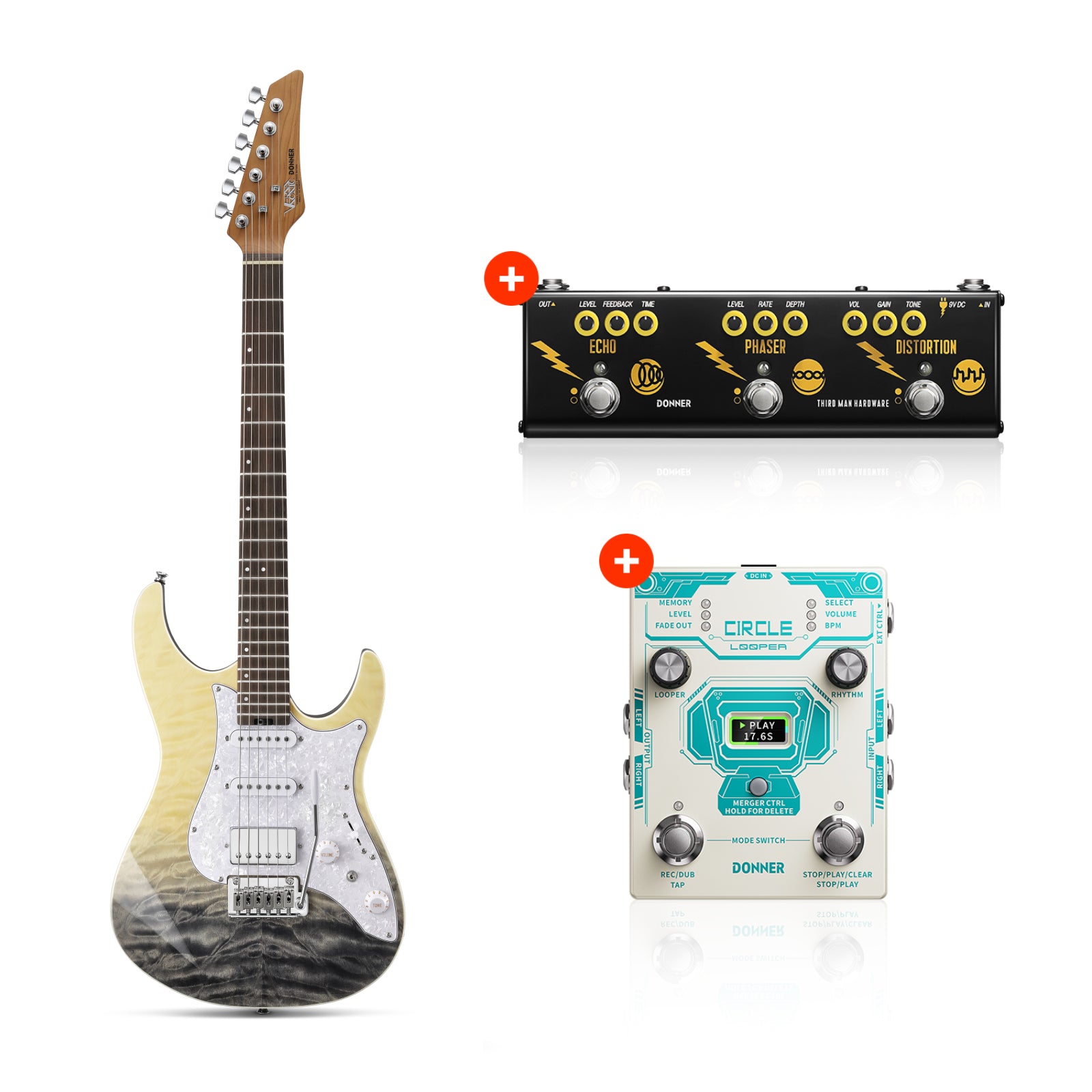 Donner DST-550 39-inch ST Electric Guitar SSH/SSS Pickup-Black Mirage Gradation LR##