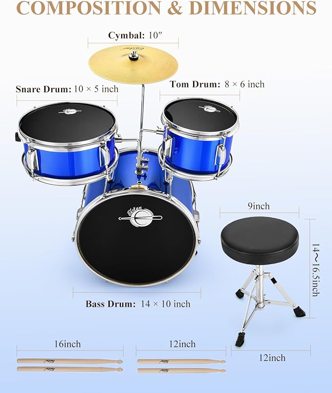 Eastar EDS-180BE  14 inch 3-Piece Kids/Junior Drum Set with Throne, Cymbal, Pedal & Drumsticks,Mirror Blue