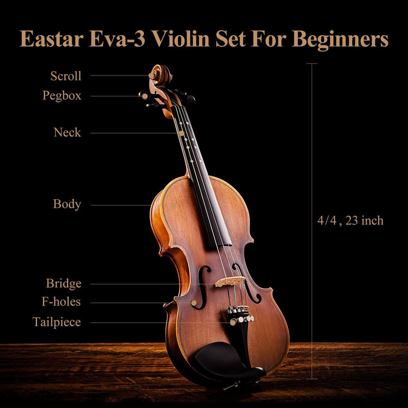 Eastar EVA-3 Full-Size Violin Set Matte Fiddle Full Kit with Case/Rosin/Shoulder Rest/Bow/Extra Strings for Kid/Beginner/Student/Adult 1/2,4/4