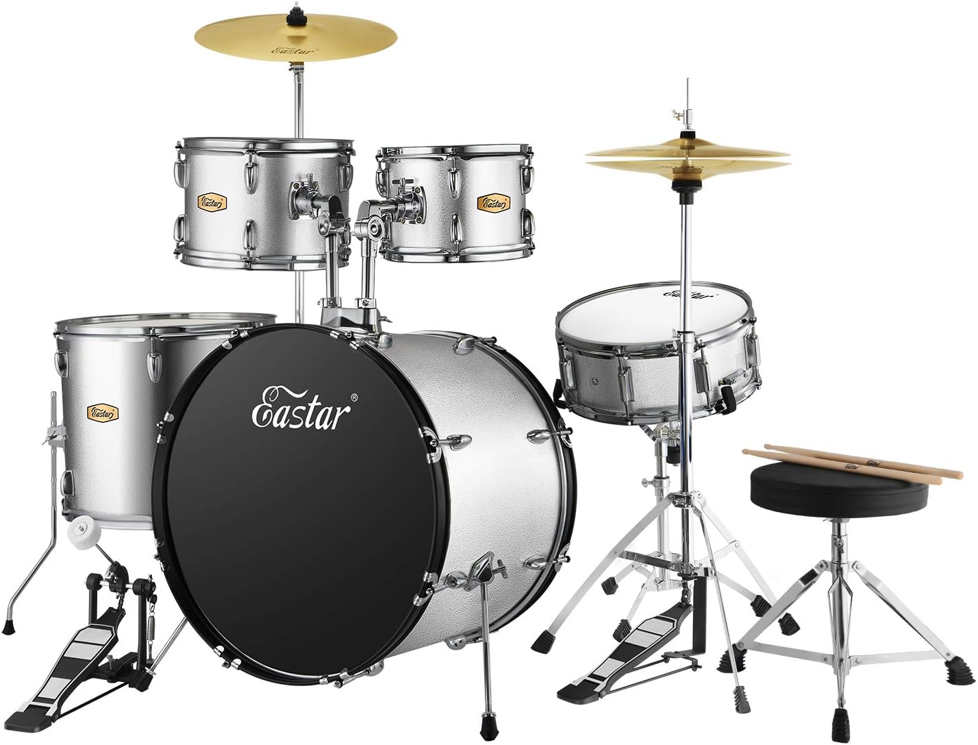 Drum Set Eastar 22 inch for Adults, 5 Piece Full Size Drum Kit Junior Beginner with Pedal Cymbals Stands Stool and Sticks, Metallic Silver