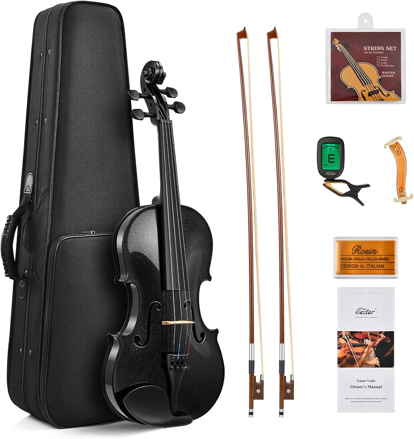 Eastar 4/4 Violin Set Full Size Fiddle Solidwood for Adults with Hard Case, Shoulder Rest, Rosin, Two Bows, Clip-on Tuner and Extra Strings，EVA-330，Two Bows/Black-4/4 Black##