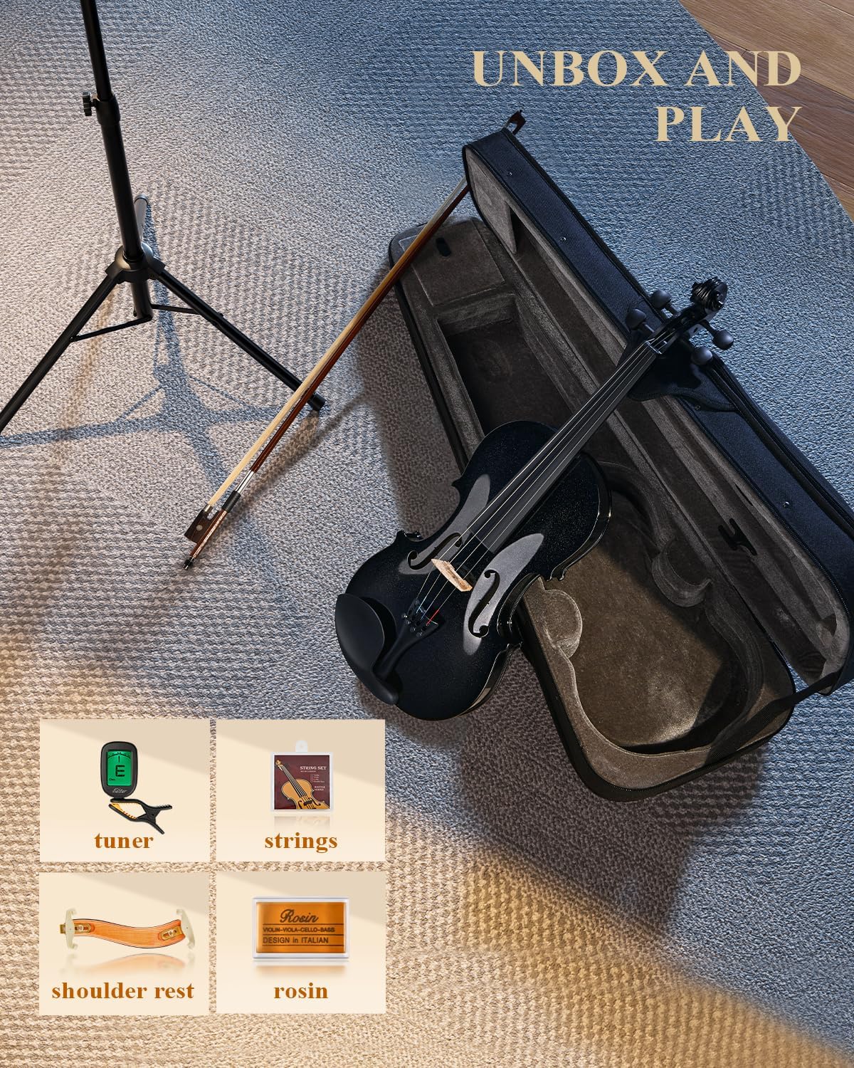 Eastar 4/4 Violin Set Full Size Fiddle Solidwood for Adults with Hard Case, Shoulder Rest, Rosin, Two Bows, Clip-on Tuner and Extra Strings，EVA-330，Two Bows/Black-4/4 Black##