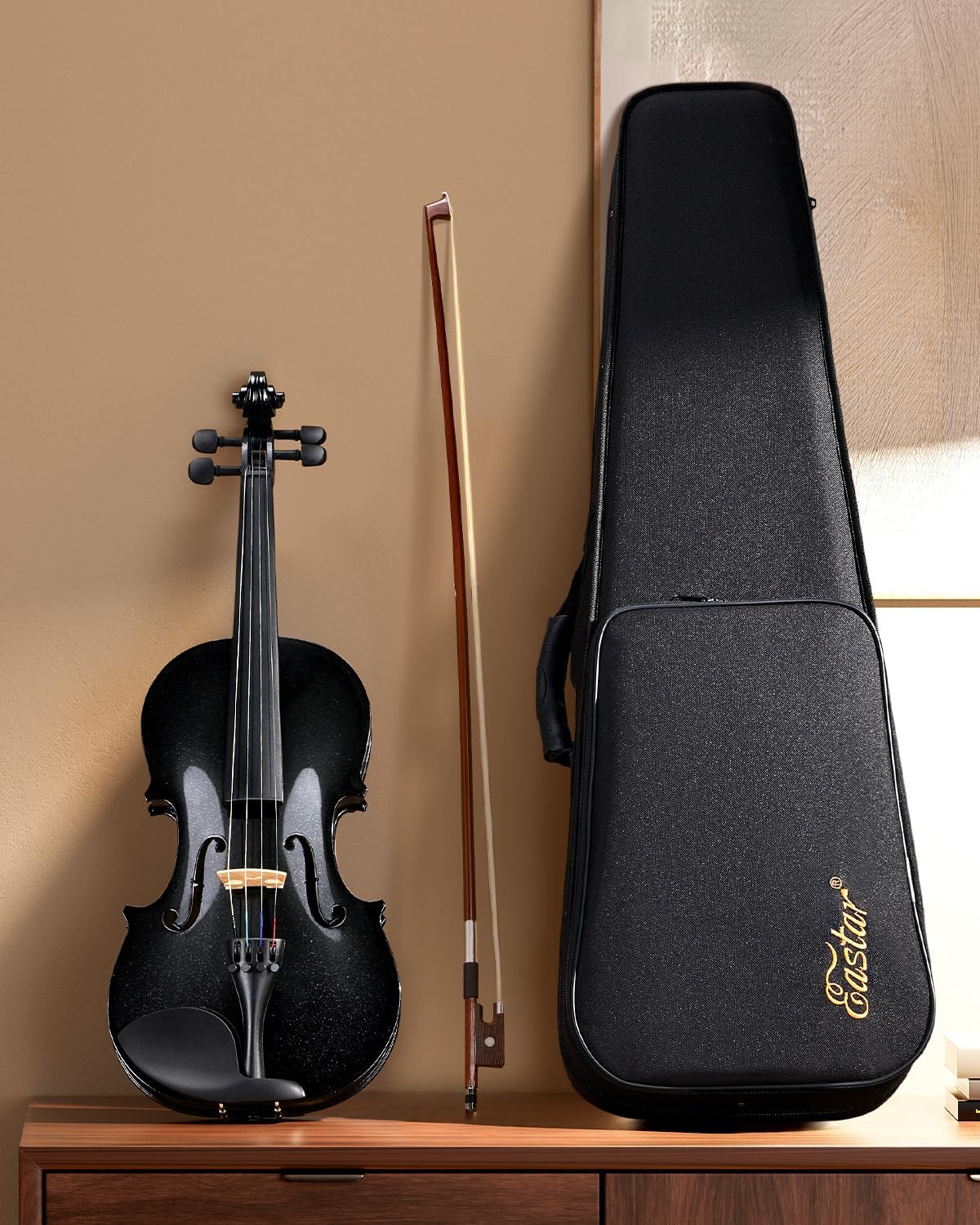 Eastar 4/4 Violin Set Full Size Fiddle Solidwood for Adults with Hard Case, Shoulder Rest, Rosin, Two Bows, Clip-on Tuner and Extra Strings，EVA-330，Two Bows/Black-4/4 Black##