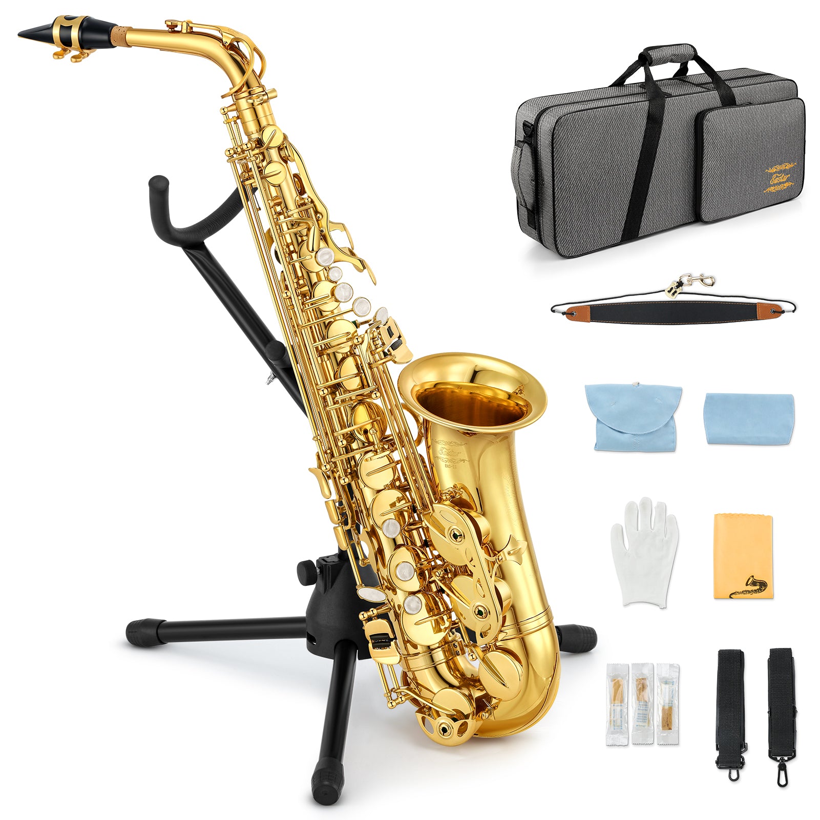 Eastar New Upgraded E Flat Alto Saxophone Gold Lacquer Full Kit with Stand – for Student Beginners, Ideal for School Bands & Orchestras (AS-II)