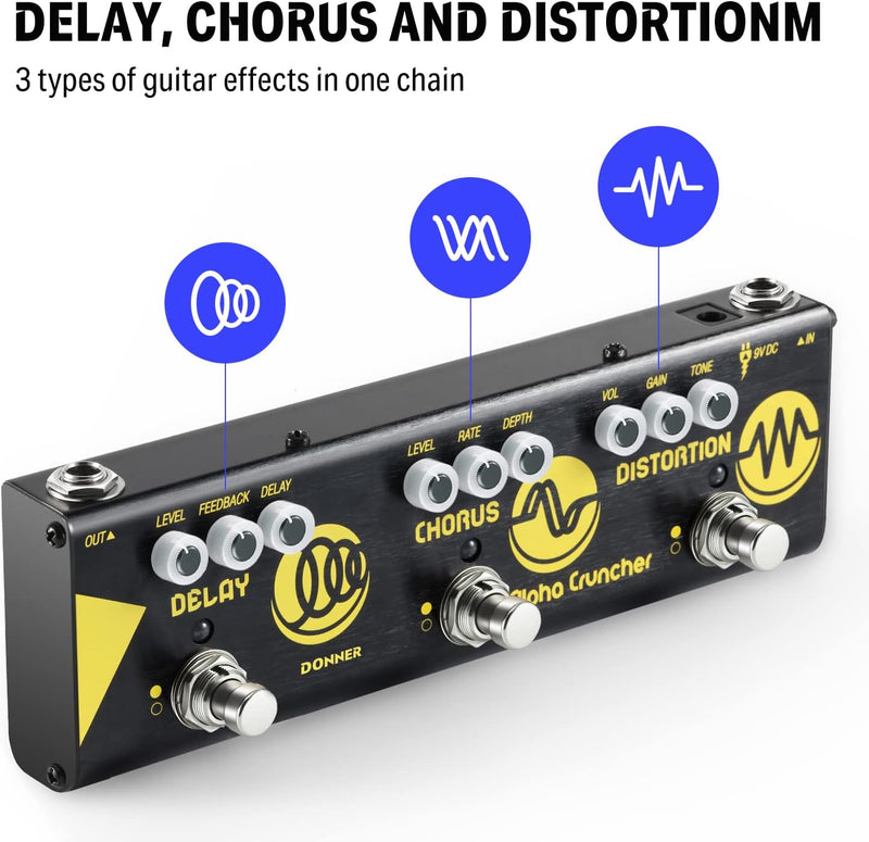 Donner Alpha Cruncher Multi Effects Guitar Pedal Distortion Chorus Delay with Power Adapter