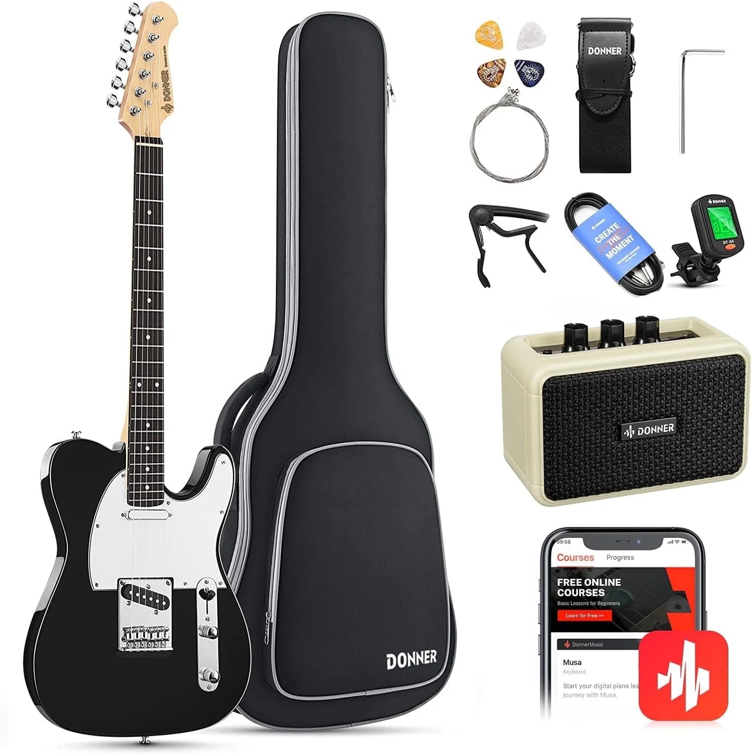 Donner DTL-100 39" Electric Guitar Kit for Beginner with Amplifier, Bag, Digital Tuner, Capo, Strap, String, Cable, Picks, Black
