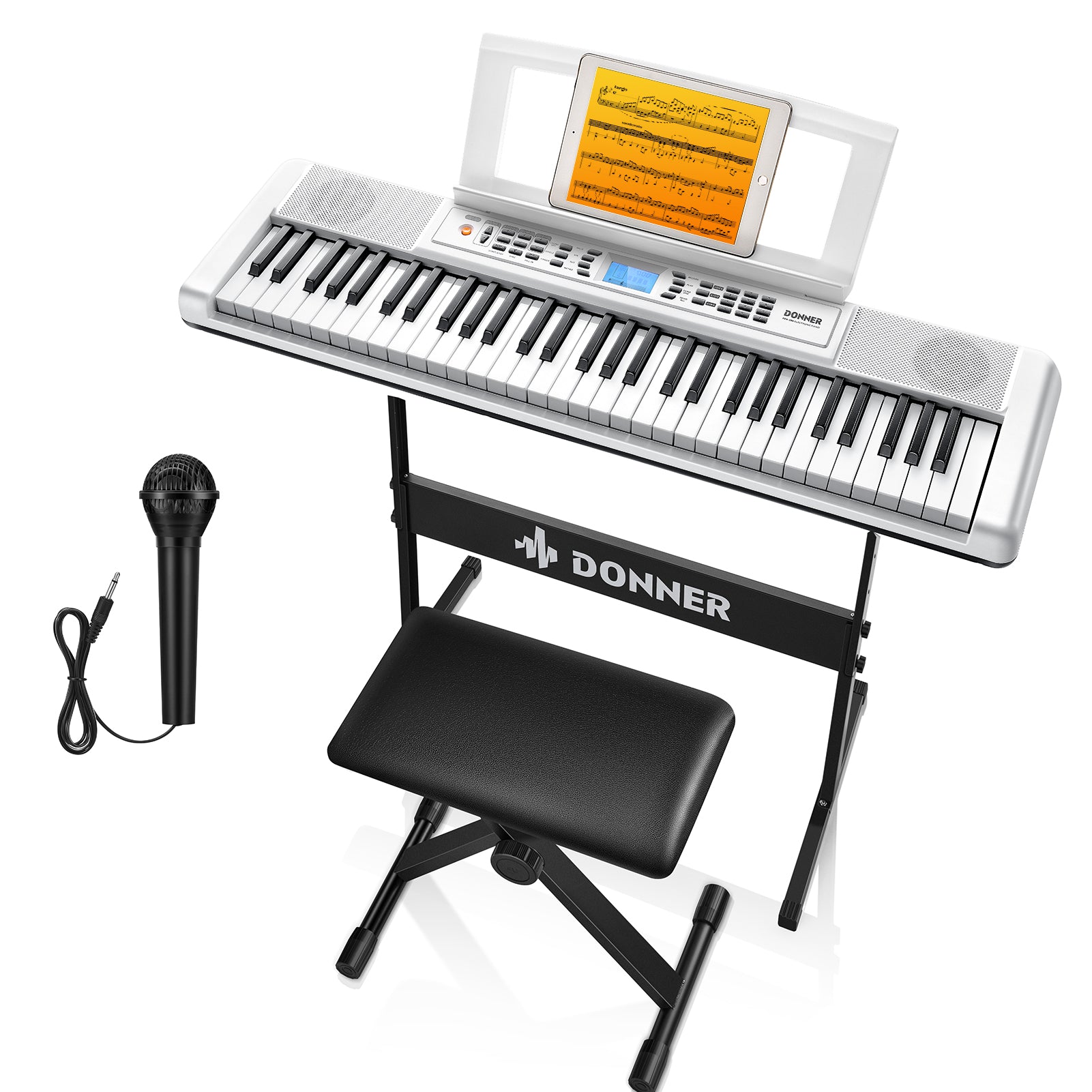 Donner DEK-200 61 Key Piano Full-Size Electronic Keyboard Set, Dual Keyboard, Auto Accompaniment, Metronome, Record, Includes 300 Tones and Rhythms, with Stand, Bench, Microphone, White