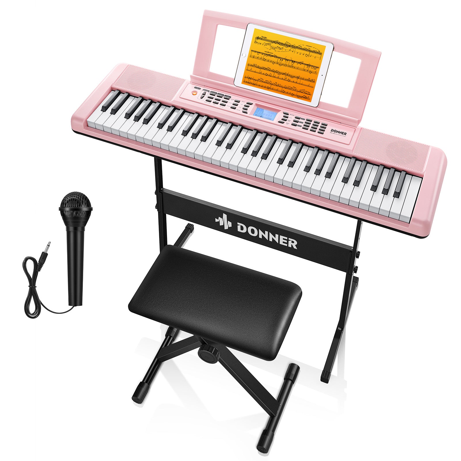 Donner DEK-200 61 Key Piano Full-Size Electronic Keyboard Set, Dual Keyboard, Auto Accompaniment, Metronome, Record, Includes 300 Tones and Rhythms, with Stand, Bench, Microphone, Pink