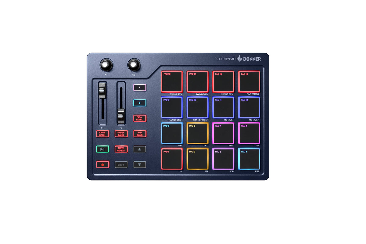 Donner STARRYPAD Professional MIDI Pad Beat Maker Machine with 16 Beat Pads, Melodics Lessons, Navy Blue