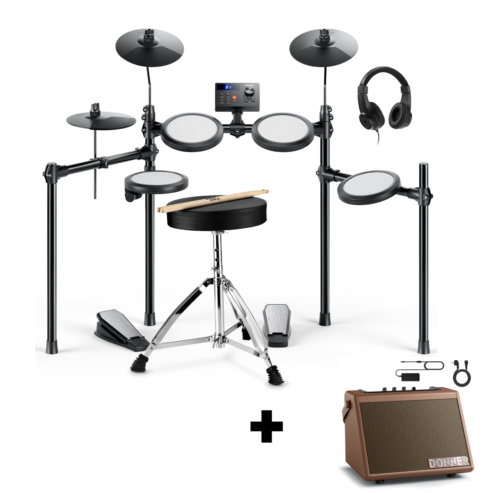 DED-70 7pcs Electric Drum Set for Youth with Headphones/Throne Donner