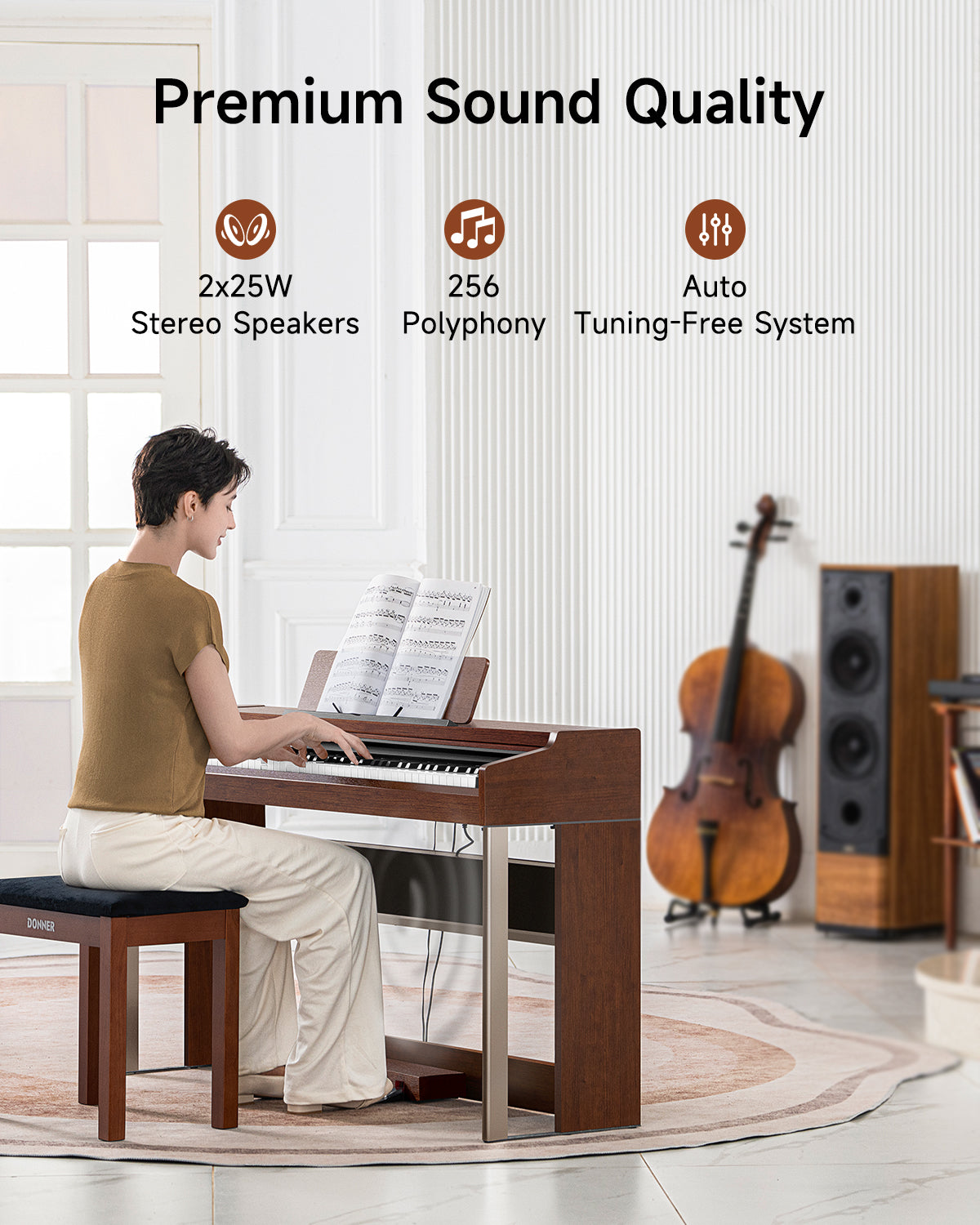 Donner DDP-200 PRO 88 Key Graded Hammer-Action Weighted Upright Digital Piano-Brown##