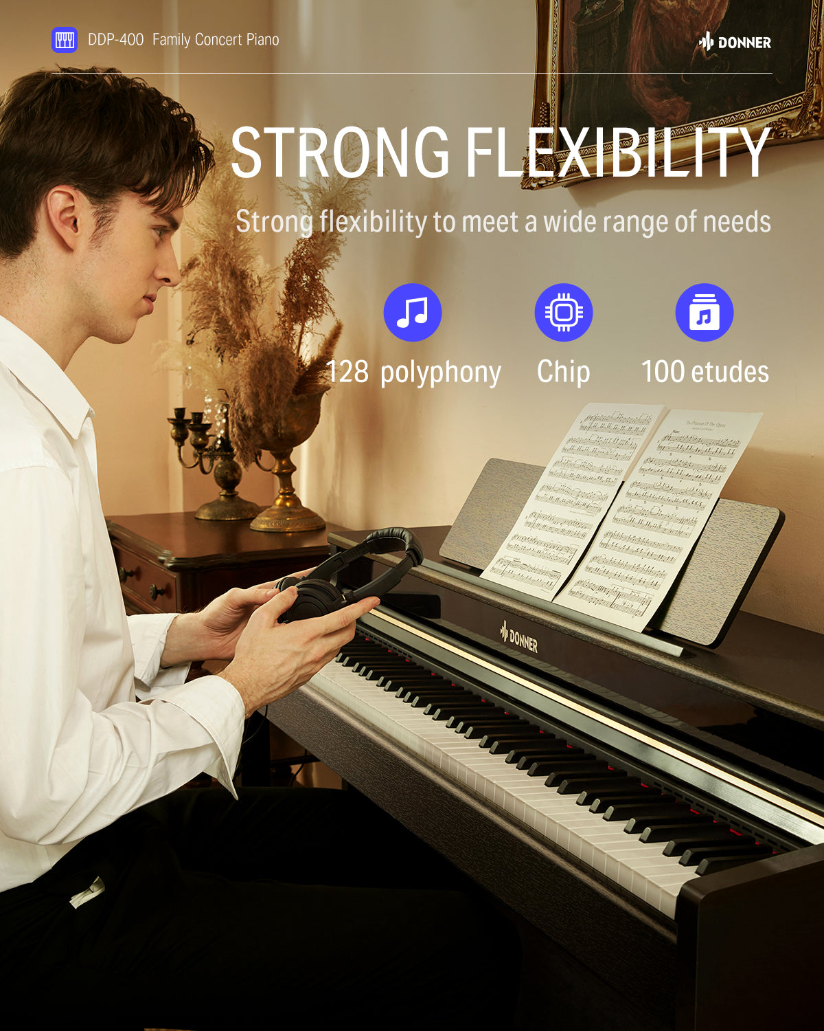 Donner DDP-400 Professional 88-Key Progressive Hammer Action Weighted Upright Digital Piano with Extended Speaker Cabinet-Brown##