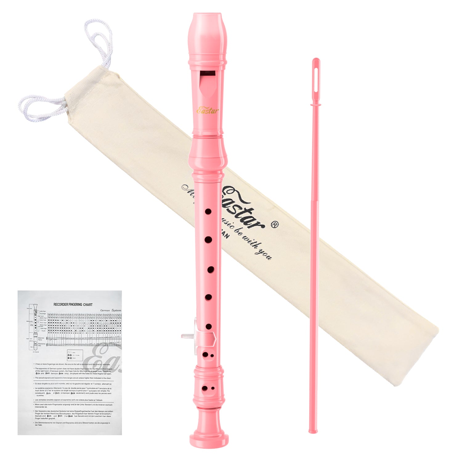 Eastar Soprano Recorder Instrument for Kids Beginners, German Fingering C Key Recorder Instrument 3 Piece with Cleaning Kit, Thumb Rest, Cotton Bag, Fingering Chart, ERS-21GB, School-Approved-Pink##
