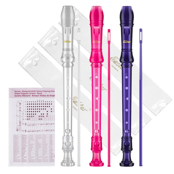 Eastar Soprano Recorder Instrument for Kids Beginners, German fingering C Key Recorder Set 3 Piece with Cleaning Kit, Storage Bag, Fingering Chart, ERS-3G1, School-Approved, Transparent Pink Purple