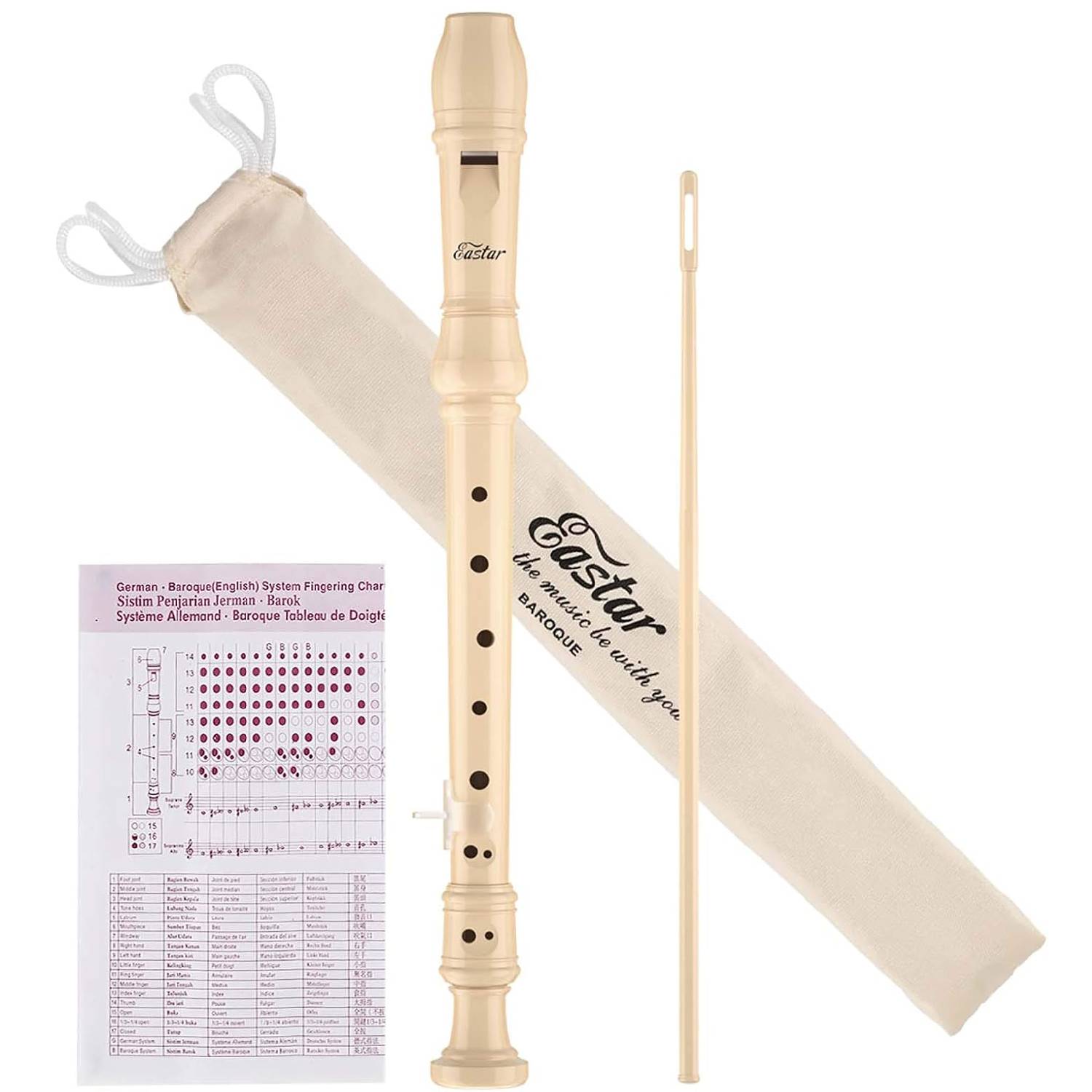 Eastar Soprano Recorder Instrument for Kids Beginner, Baroque Fingering C Key Recorder Instrument 3 Piece with Cleaning Kit, Thumb Rest, Cotton Bag, Fingering Chart,School-Approved-Natural##