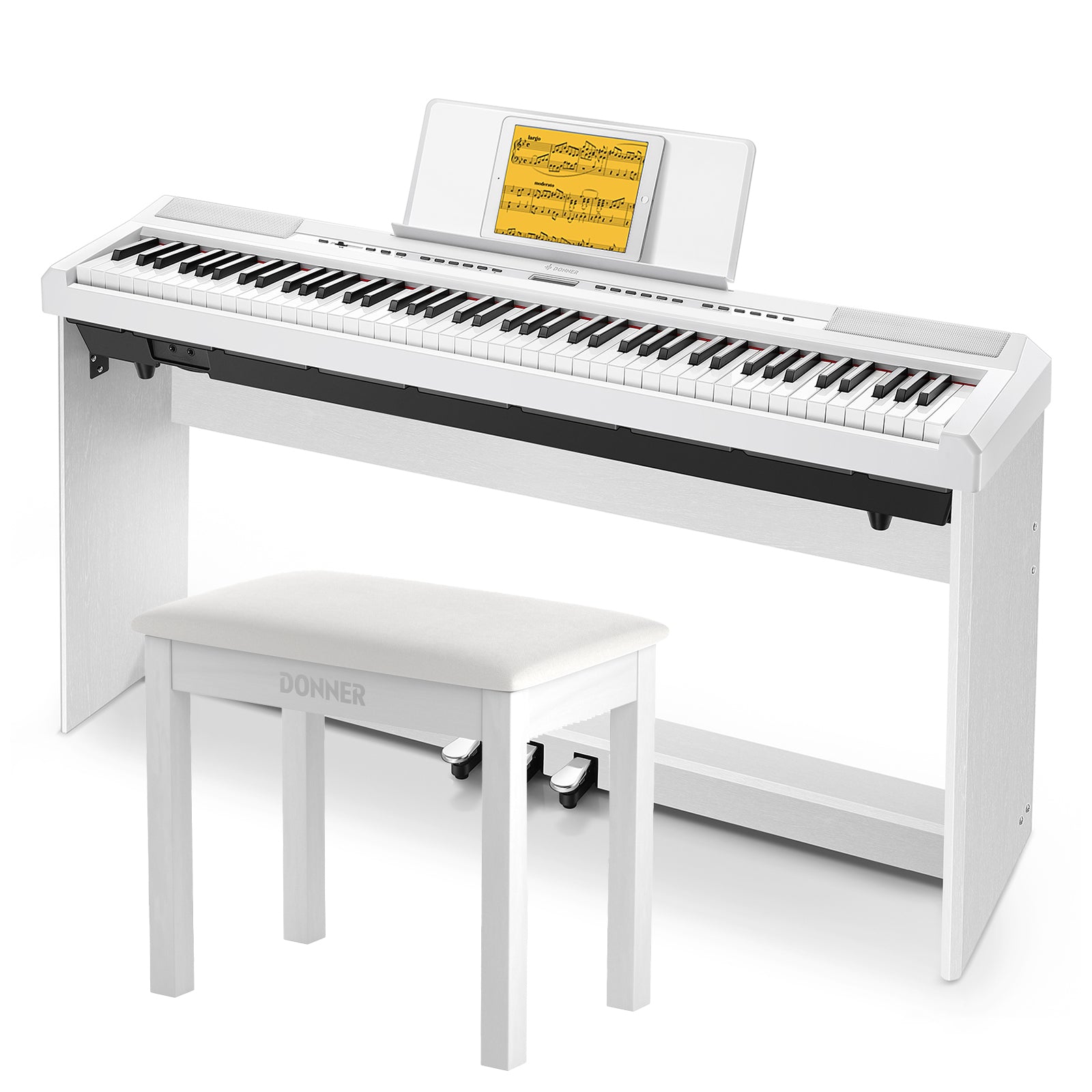 piano keyboard with pedal Donner DEP-20 88 Key Weighted Portable Digital Piano Hammer Action Electric Keyboard with Compact Stand for Beginner, White / Piano+Two-Seater Bench