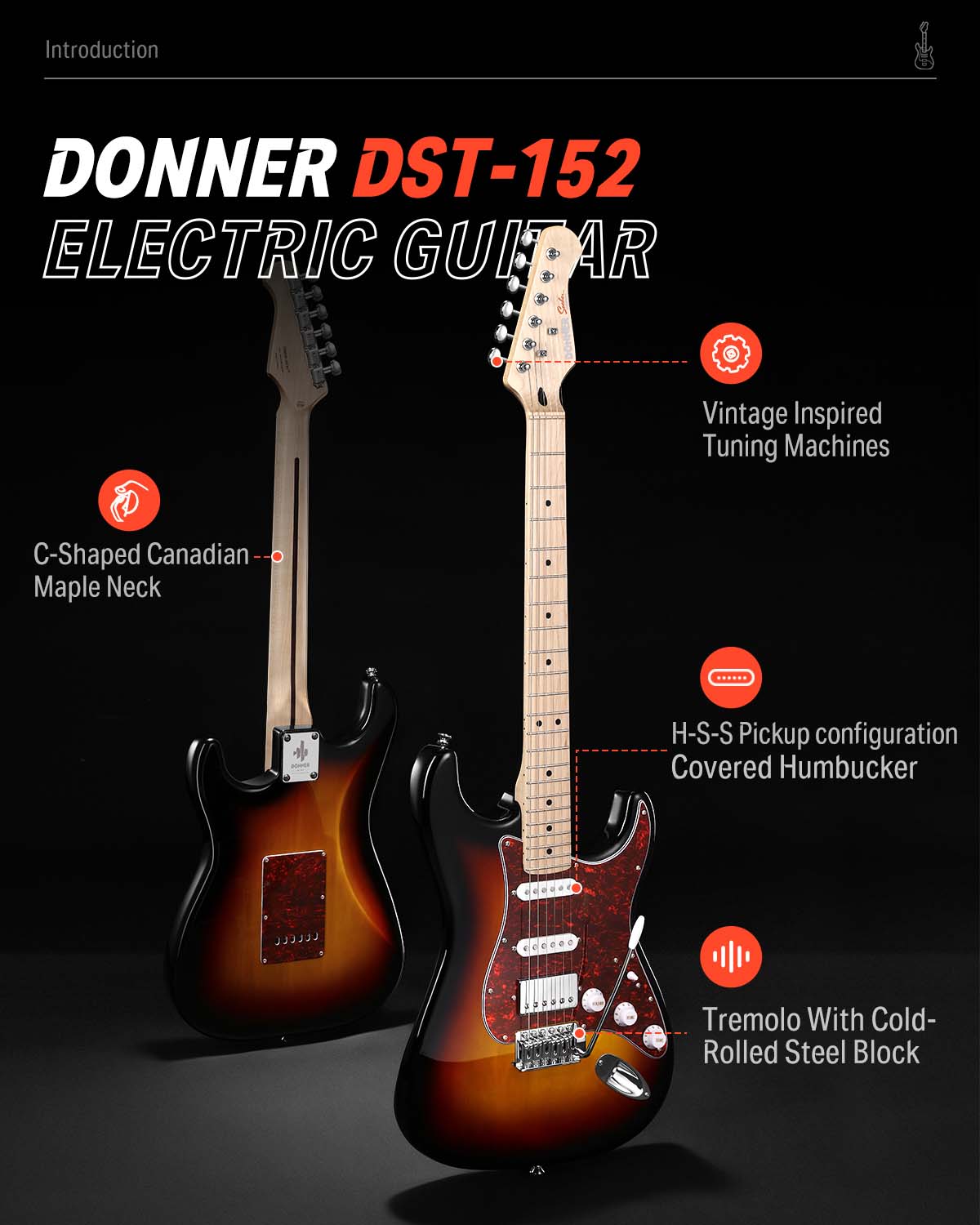 Donner DST-152 エレキギター HSSピックアップ　M2219 DST-152 HSS w/Coil Split Electric Guitar Kit with AMP Donner