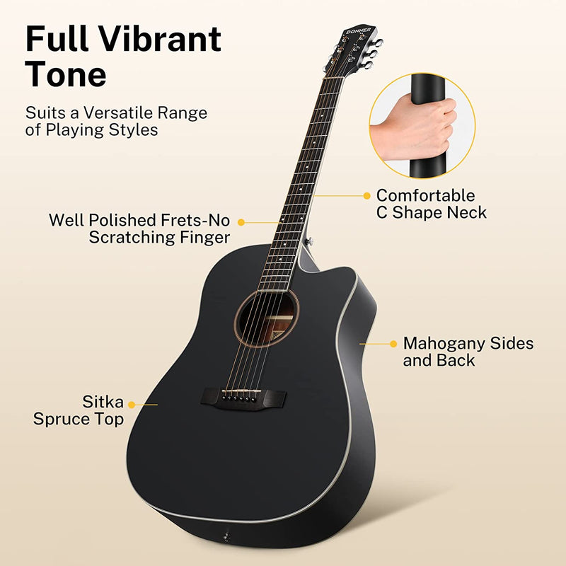 Donner DAD-160CD Cutaway 41-Inch Full Size Acoustic Guitar Beginner Kit, Right Handed, Black