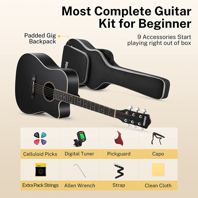 Donner DAD-160CD Cutaway 41-Inch Full Size Acoustic Guitar Beginner Kit, Right Handed, Black