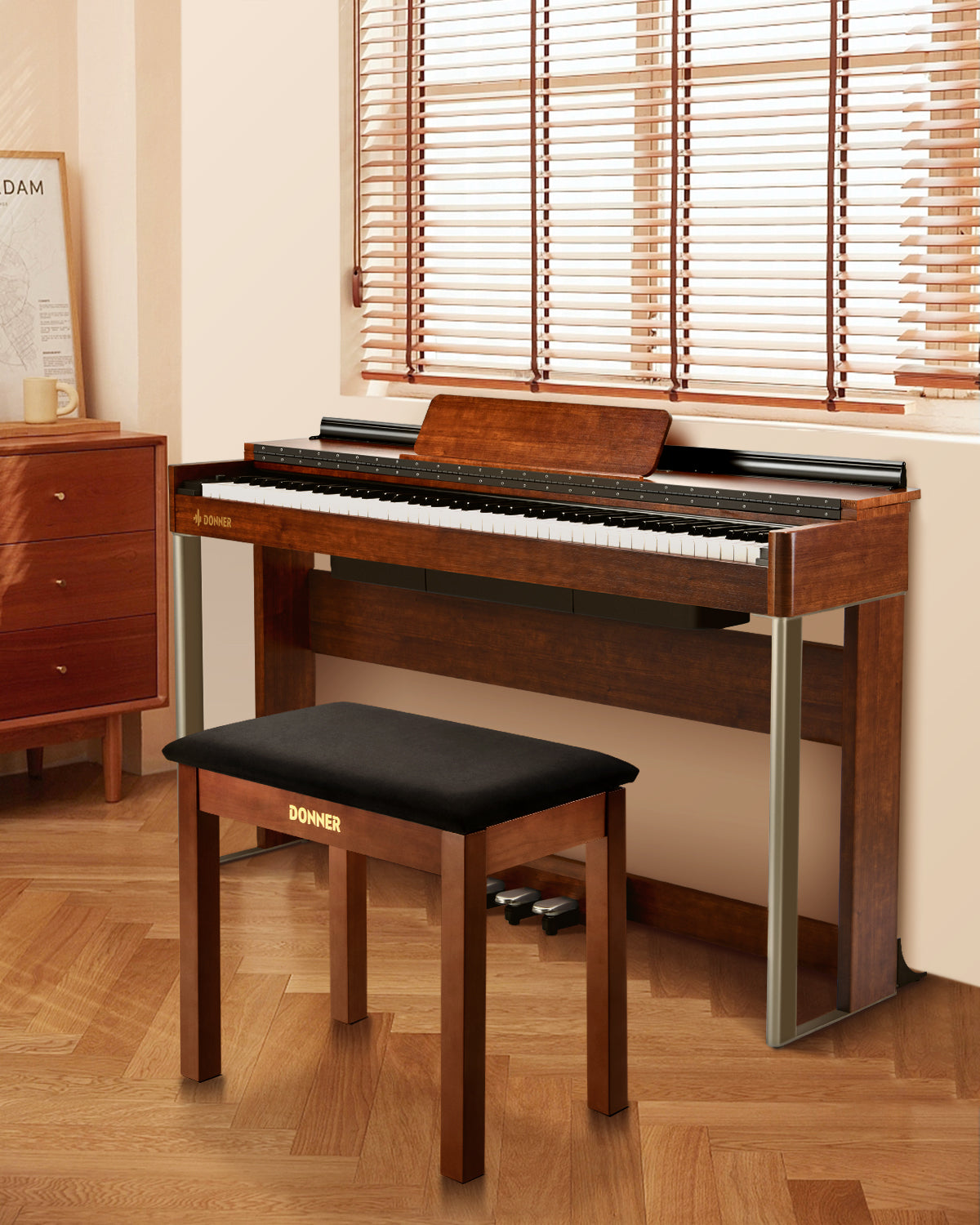 DKB-10 Brown Solid Wood Cushioned Piano Bench with Storage Donner
