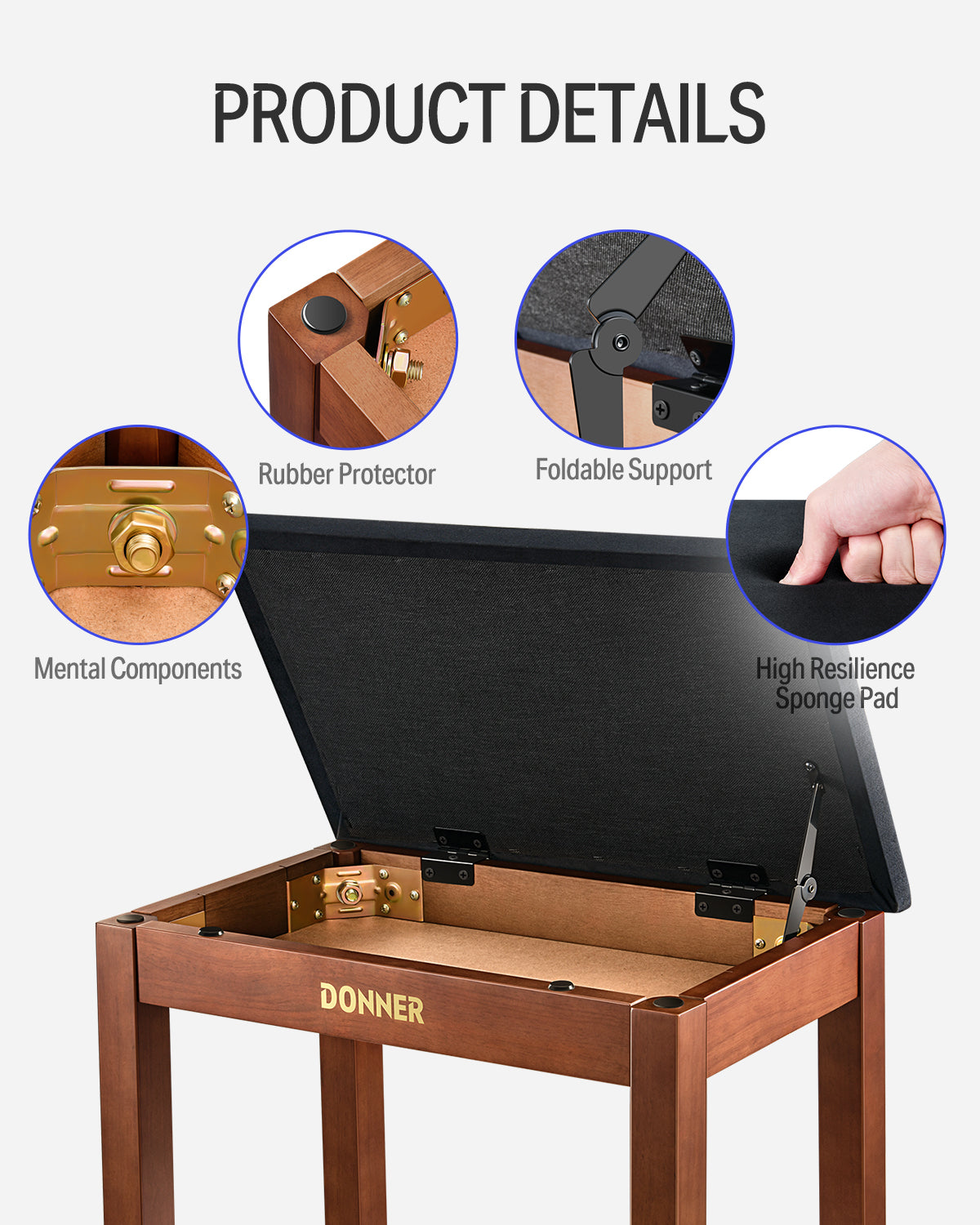 DKB-10 Brown Solid Wood Cushioned Piano Bench with Storage Donner