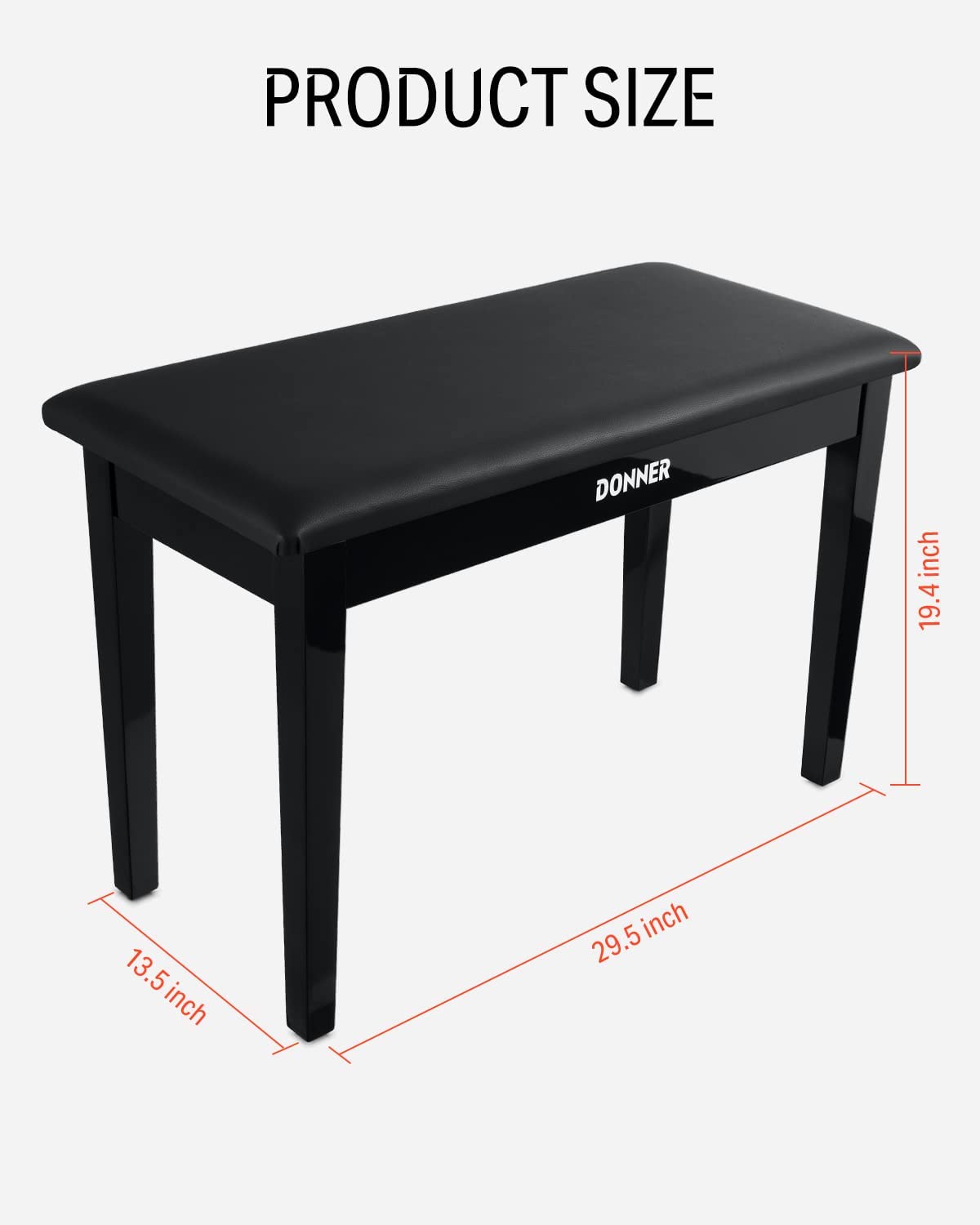 Donner Solid Wood Duet Piano Bench with Storage Two-Seater High-Density Suede Cushion Chair - Black