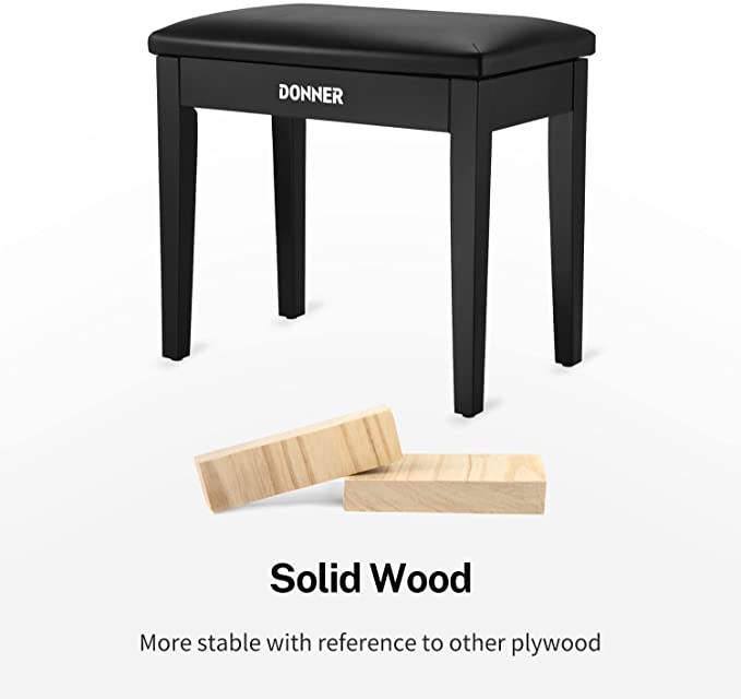 Donner Solid Wood Piano Bench with Storage High-Density Sponges Pad Seat Black