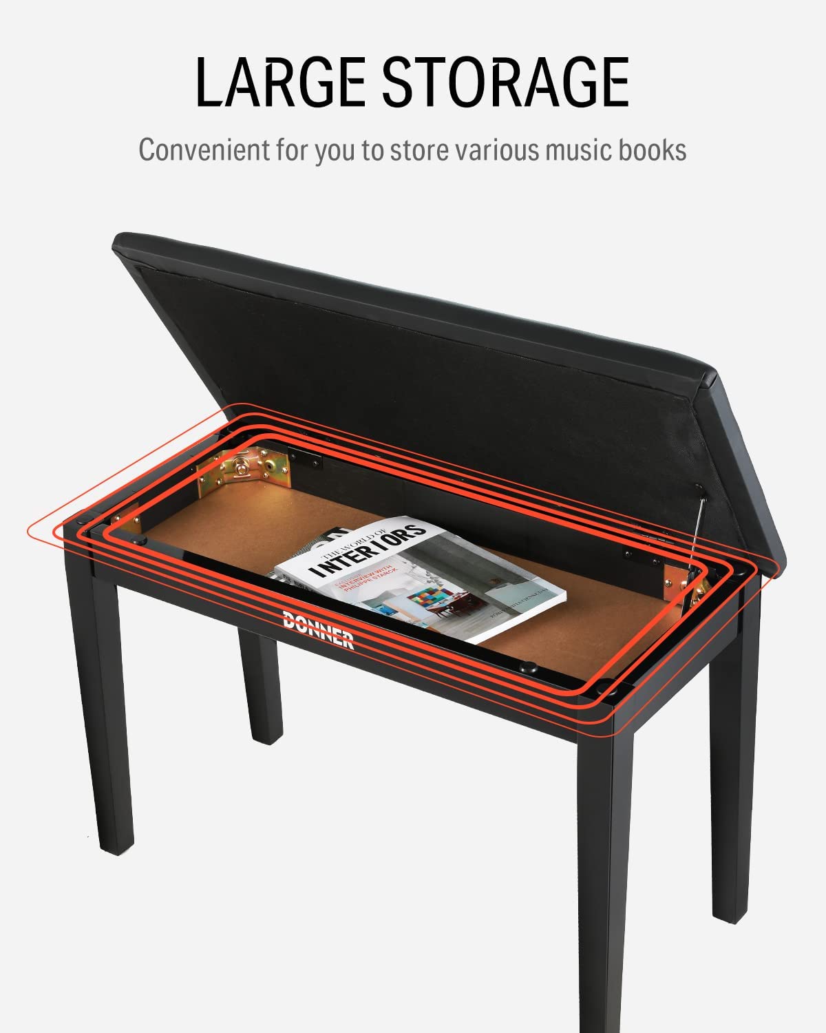 Donner Solid Wood Duet Piano Bench with Storage Two-Seater High-Density Suede Cushion Chair - Black
