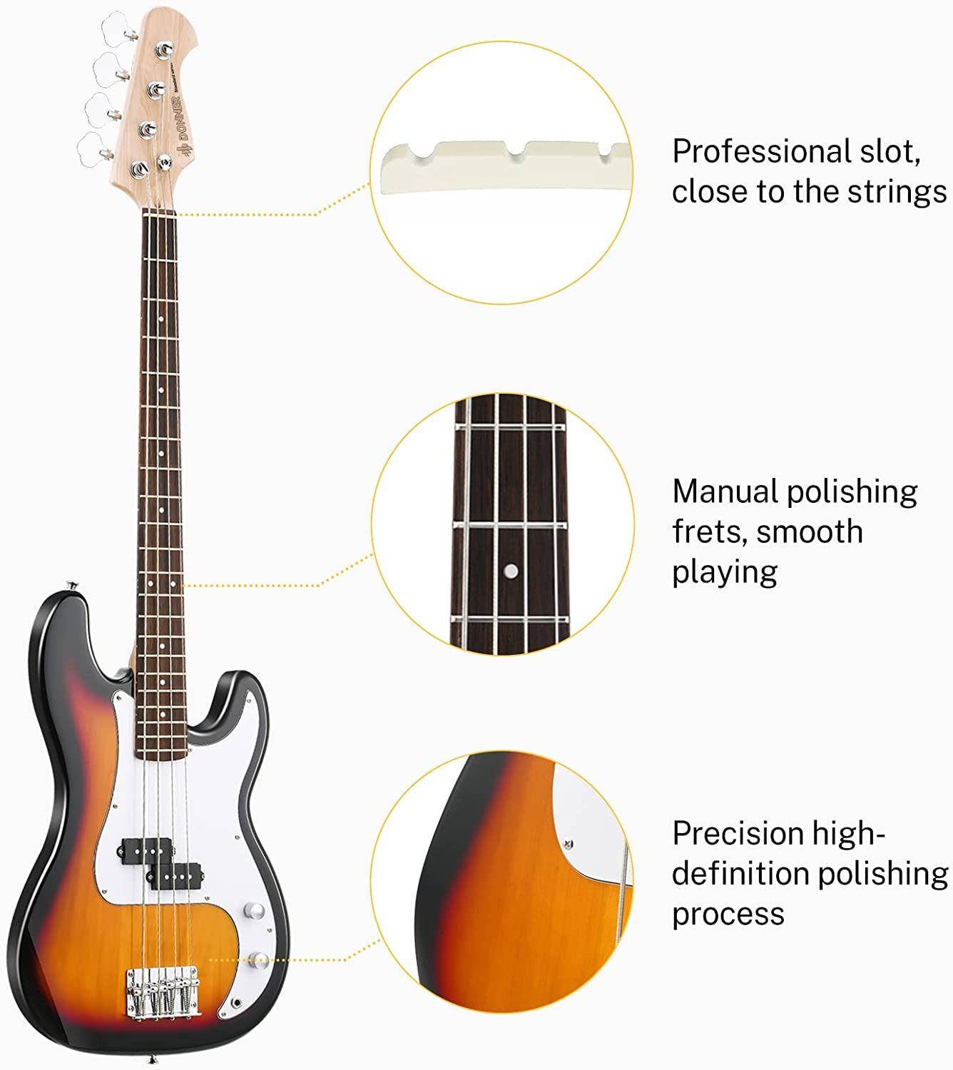 Included accessories for the Donner DPB-510S: gig bag, strap, and instrument cable