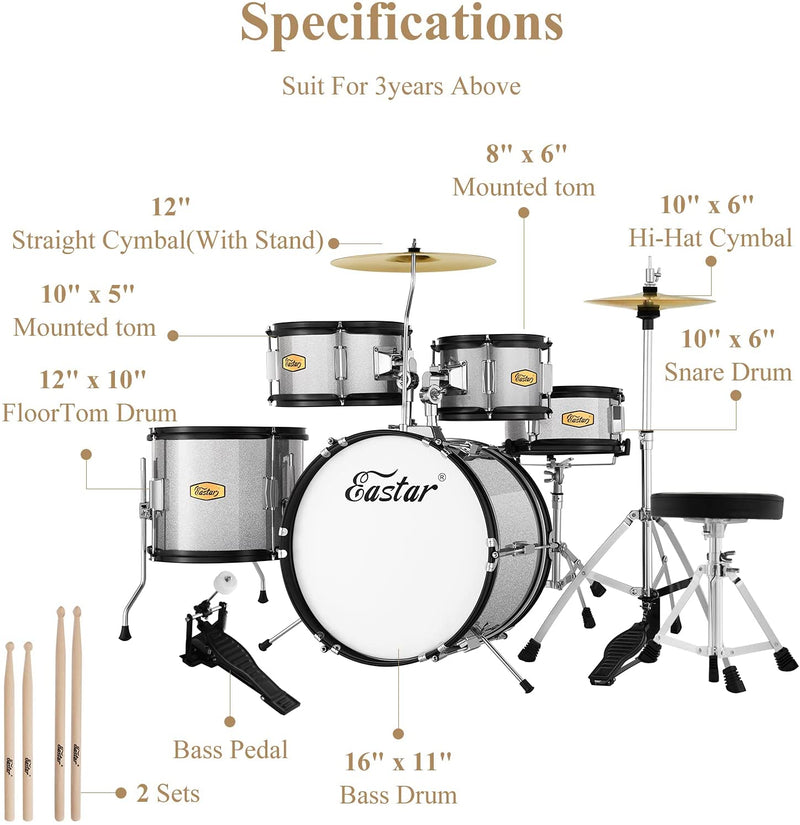 Eastar EDS-350BU 16-Inch Kids 5-Piece  Junior Drum Set, Metallic Silver - Donnerdeal