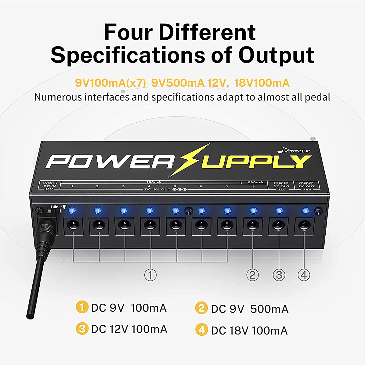 Donner DP-1 Guitar Pedal Power Supply 10 Isolated DC Output for 9V/12V/18V Effect Pedal