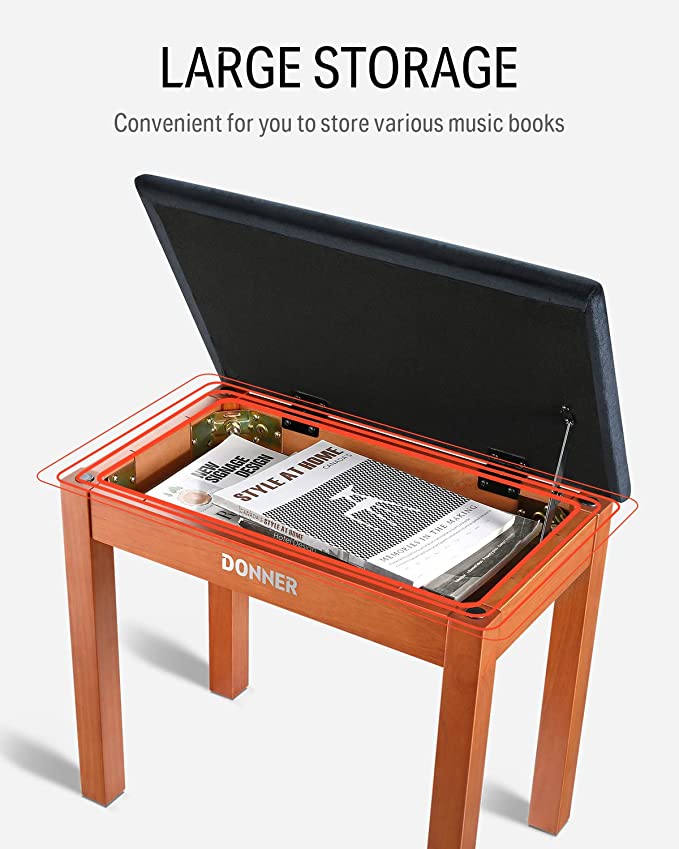 Donner Solid Wood Piano Bench with Storage High-Density Suede Cushion Chair Wood Color