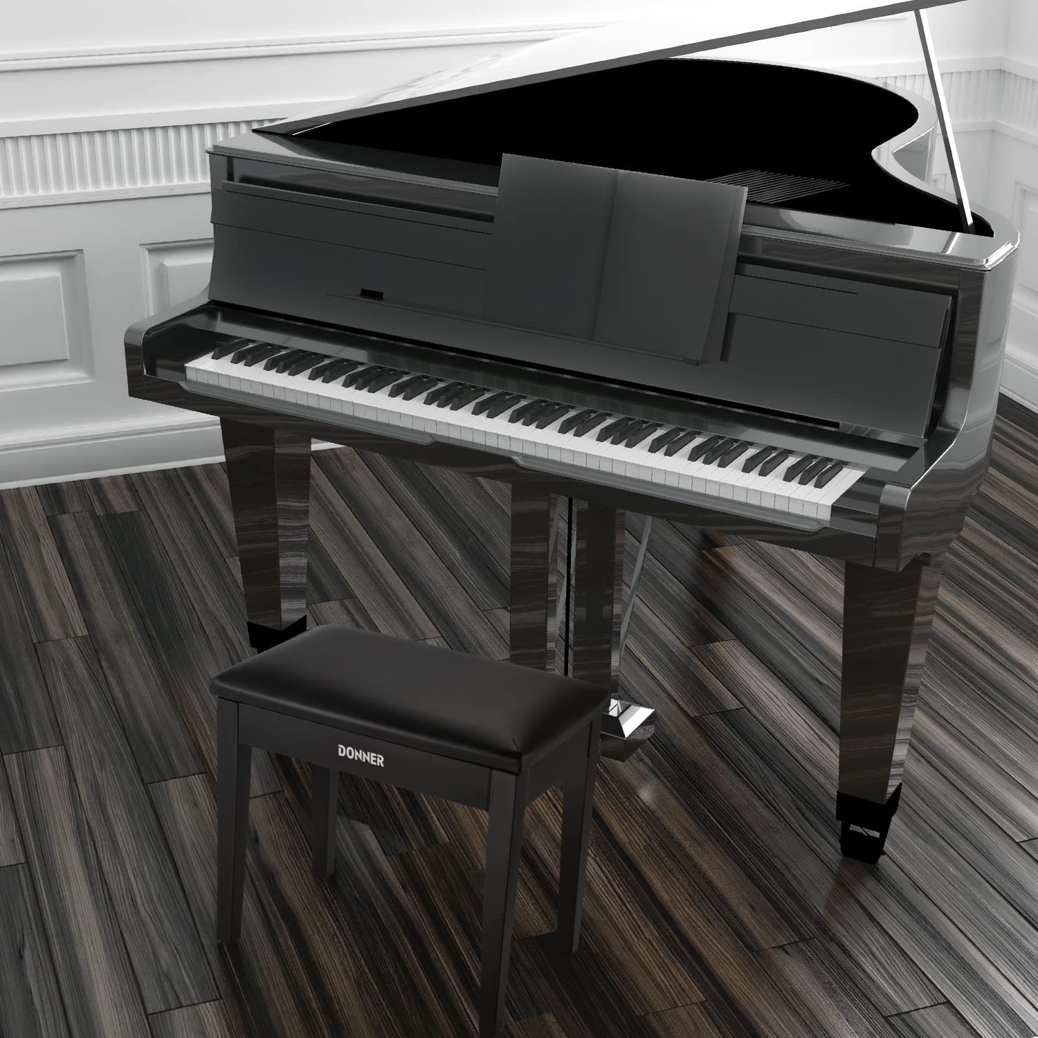 Donner Solid Wood Piano Bench with Storage High-Density Sponges Pad Seat Black