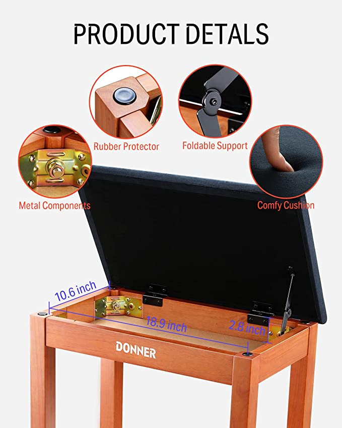 Donner Solid Wood Piano Bench with Storage High-Density Suede Cushion Chair Wood Color