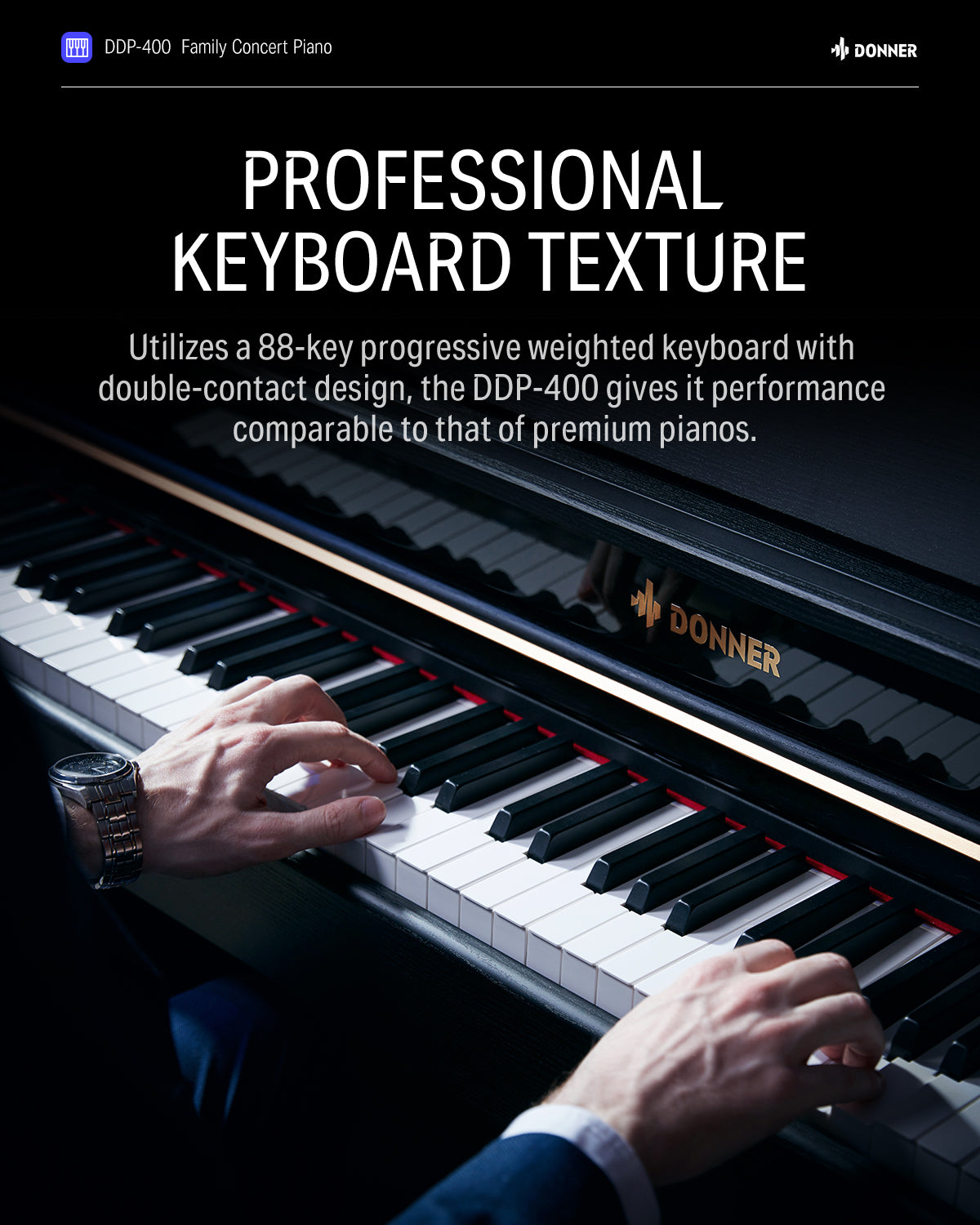 Donner DDP-400 Professional 88-Key Progressive Hammer Action Weighted Upright Digital Piano with Extended Speaker Cabinet-Black##