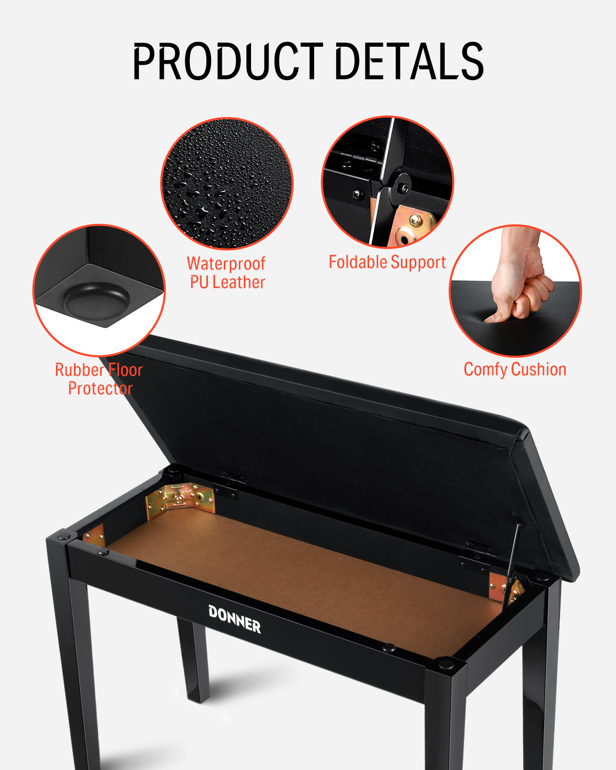 Duet Solid Wood Cushioned Piano Bench with Storage Two-Seater Donner