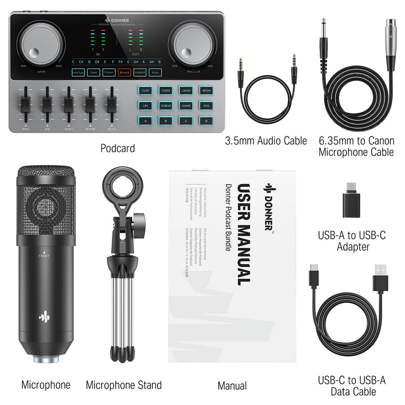 Donner Podcast Equipment Bundle Audio Interface with Sound Card Mixer and Microphone Kit XLR-6.35mm