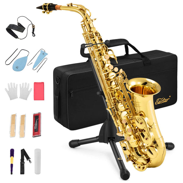 Eastar AS-Ⅱ Student Alto Saxophone E Flat Gold Lacquer Alto Beginner Sax Full Kit With Carrying Sax Case Mouthpiece Straps Reeds Stand