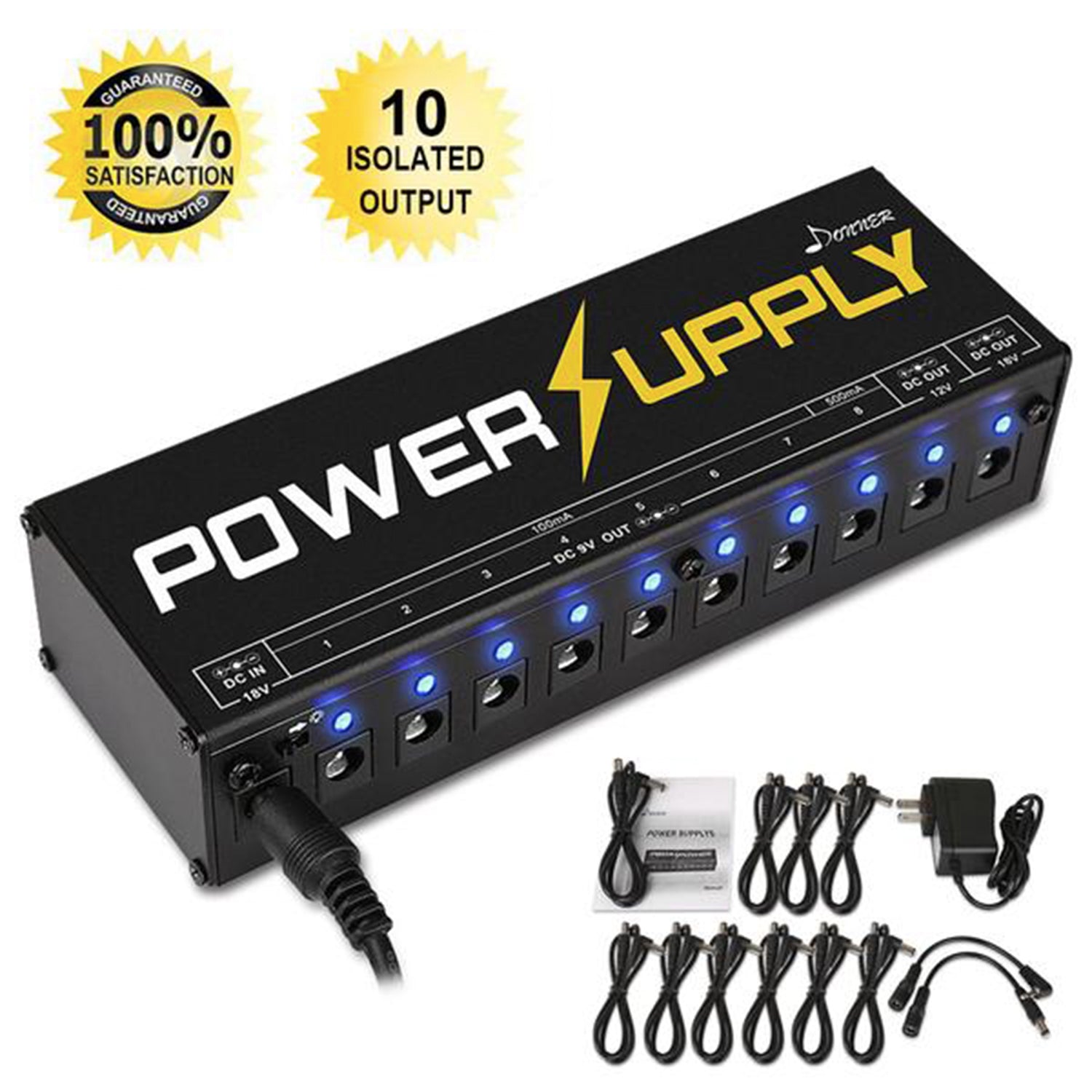 Donner DP-1 Guitar Pedal Power Supply 10 Isolated DC Output for 9V/12V/18V Effect Pedal