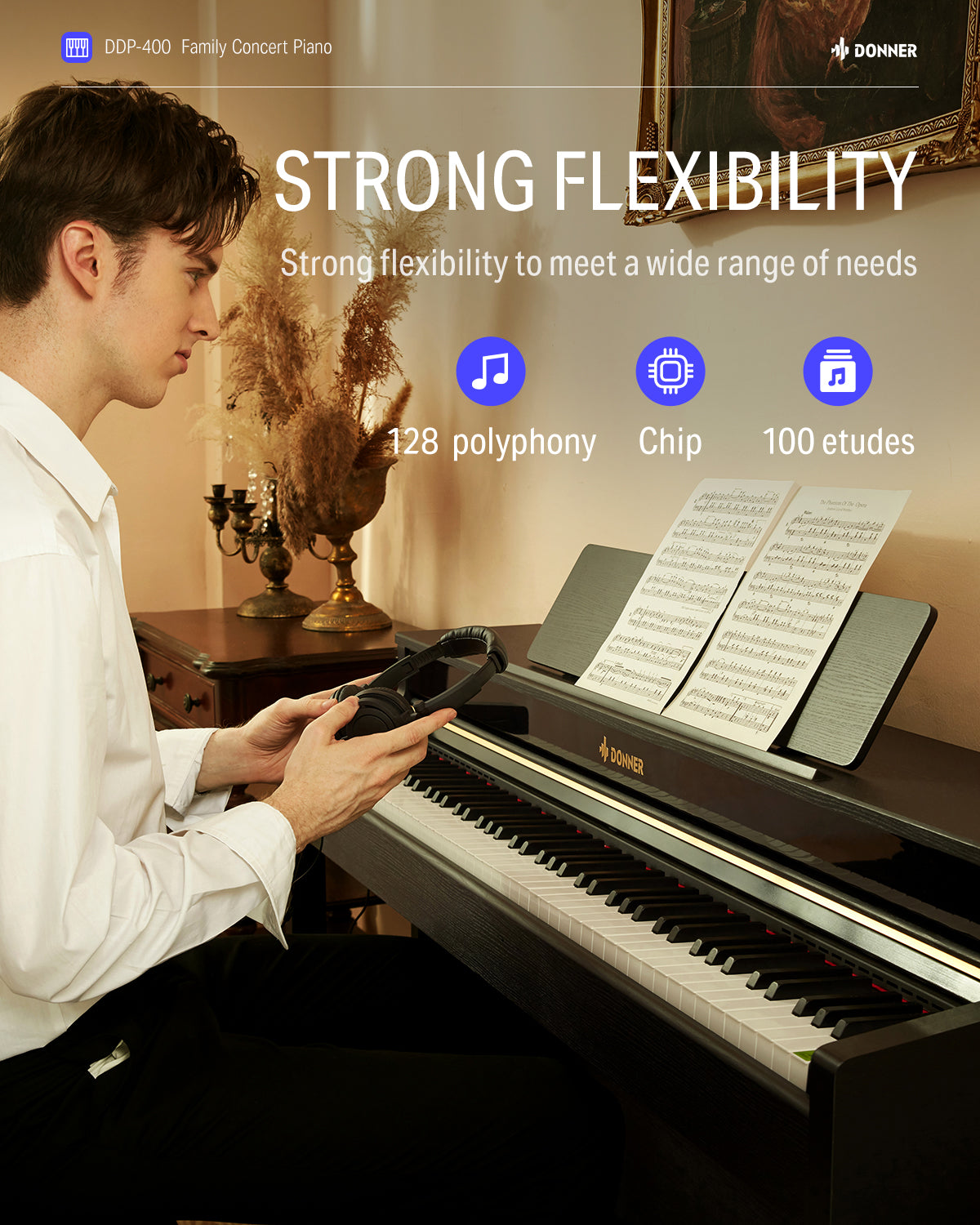 Donner DDP-400 Professional 88-Key Progressive Hammer Action Weighted Upright Digital Piano with Extended Speaker Cabinet-Black##