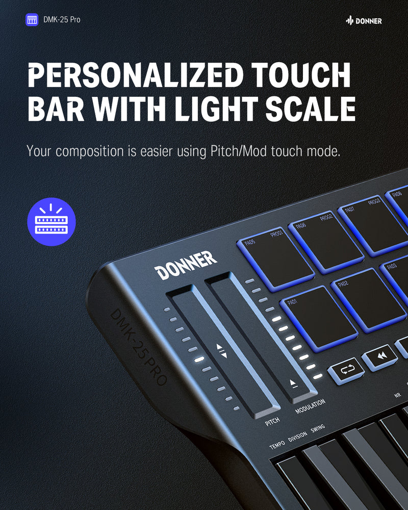 Donner DMK-25 PRO MIDI Keyboard Controller with Personalized Touch Bar,  Free Music Production Software/Free 40 Courses